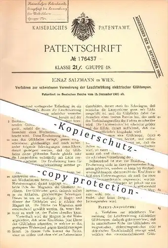 original Patent - Ignaz Salzmann in Wien , 1905 , Leuchtwirkung elektrischer Glühlampen , Licht , Lampen !!!