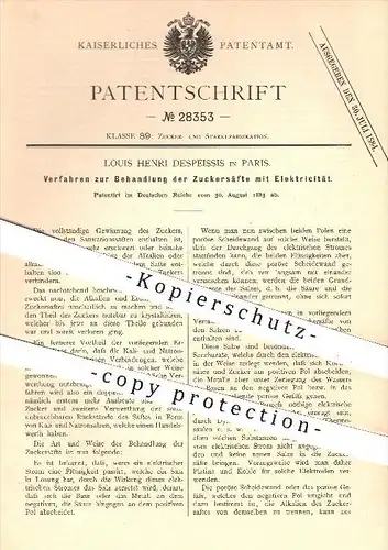 original Patent - Louis H. Despeissis , Paris , 1883, Behandlung von Zuckersaft mit Elektrizität , Zucker , Zuckerfabrik