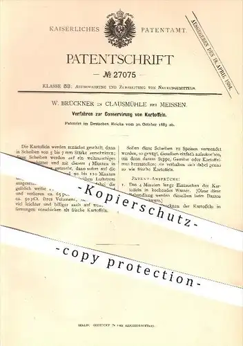original Patent - W. Brückner in Clausmühle bei Meissen , 1883 , Konservierung von Kartoffeln , Kartoffel , Lebensmittel