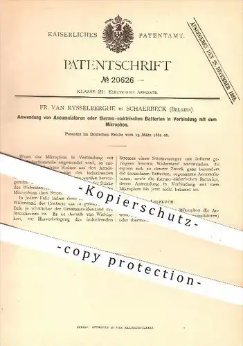 original Patent - Fr. van Rysselberghe , Schaerbeck , 1882 , Akkumulatoren oder Batterien in Verbindung mit Mikrofon !!!