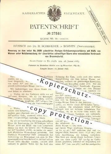 original Patent - Hänisch & Dr. M. Schroeder , Rosdzin , Oberschlesien , 1883 , Röstgas-Entsäuerungsverfahren mit Wasser