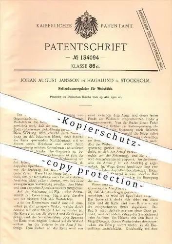 original Patent - Johan A. Jansson , Hagalund b. Stockholm , 1901 , Kettenbaumregulator für Webstühle , Webstuhl , Weben