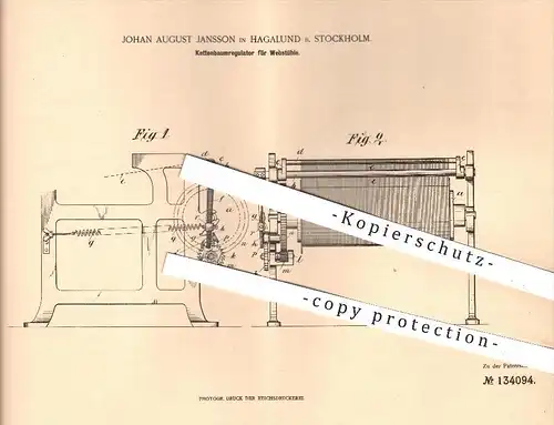 original Patent - Johan A. Jansson , Hagalund b. Stockholm , 1901 , Kettenbaumregulator für Webstühle , Webstuhl , Weben