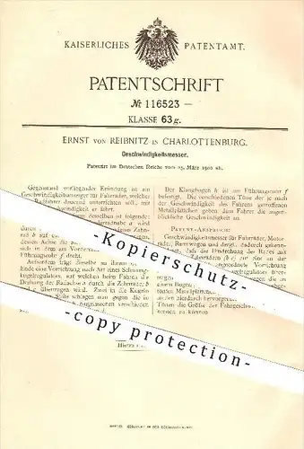 original Patent - Ernst von Reibnitz in Charlottenburg , 1900 , Geschwindigkeitsmesser , Tachometer , Geschwindigkeit !