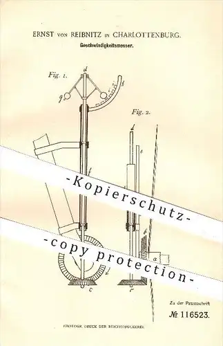 original Patent - Ernst von Reibnitz in Charlottenburg , 1900 , Geschwindigkeitsmesser , Tachometer , Geschwindigkeit !