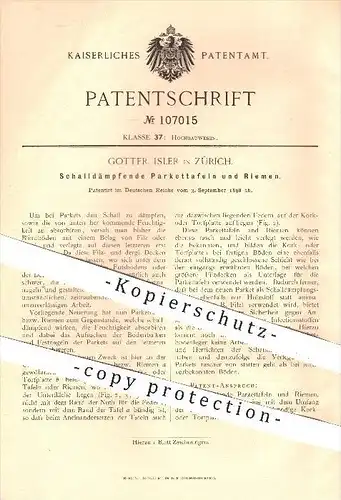 original Patent - Gottfr. Isler in Zürich, 1898 , Schalldämpfende Parketttafeln , Parkett , Boden , Holz , Fußboden !!