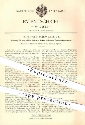 original Patent - Fr. Rempel in Schönebeck a. E. , 1898 , Sicherung für Eisenbahn - Kupplung , Fahrzeugbau , Eisenbahnen