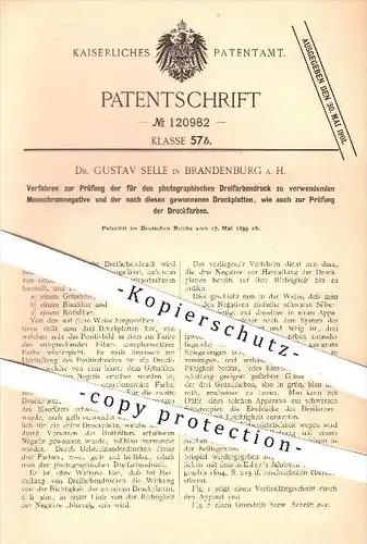 original Patent - Dr. G. Selle , Brandenburg , Havel , 1899 , Prüfung der Negative für Farbendruck , Druckfarbe , Druck