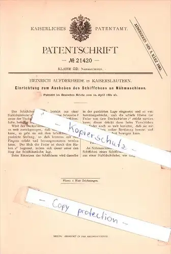 Original Patent - Heinrich Aufderheide in Kaiserslautern , 1882 , Nähmaschine !!!