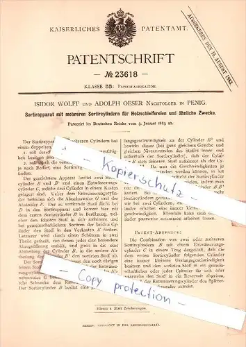 Original Patent - I. Wolff und A. Oeser Nachfolger in Penig , 1883 , Sortirapparat mit Sortircylindern !!!