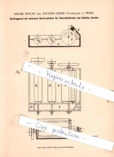 Original Patent - I. Wolff und A. Oeser Nachfolger in Penig , 1883 , Sortirapparat mit Sortircylindern !!!