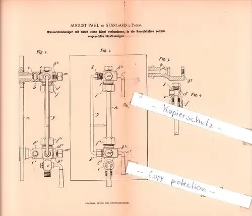 Original Patent - August Pahl in Stargard i. Pomm. , 1895 , Wasserstandszeiger  !!!