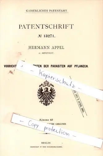 Original Patent - Hermann Appel in Arnstadt , 1880 , Tödten der Parasiten auf Pflanzen !!!