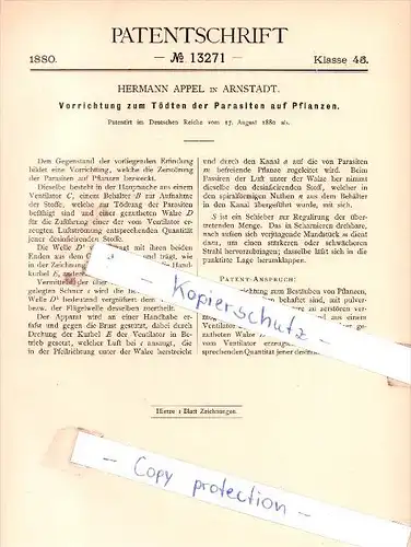 Original Patent - Hermann Appel in Arnstadt , 1880 , Tödten der Parasiten auf Pflanzen !!!