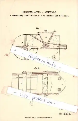 Original Patent - Hermann Appel in Arnstadt , 1880 , Tödten der Parasiten auf Pflanzen !!!