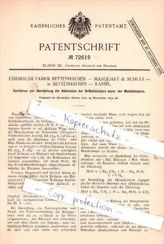 Original Patent - Chemische Fabrik Bettenhausen-Marquardt & Schulz in Bettenhausen-Kassel , 1892 ,!!!