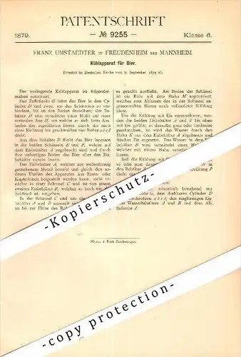 Original Patent - Franz Umstaedter in Feudenheim b. Mannheim , 1879 , Kühlapparat für Bier , Brauerei !!!
