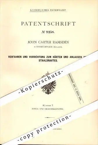 Original Patent - J.C. Ramsden in Bassenthwaite , England , 1879 , Apparatus for hardening wire , Cockermouth !!!