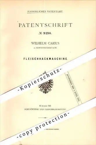 Original Patent -Wilhelm Carius in Rothenschirmbach b. Eisleben , 1879 , Fleisch-Hackmaschine , Fleischer , Metzger !!!