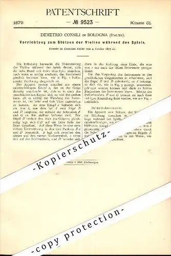 Original Patent - Demetrio Consili in Bologna , Italia , 1879 , Supporto per Violino , musica !!!