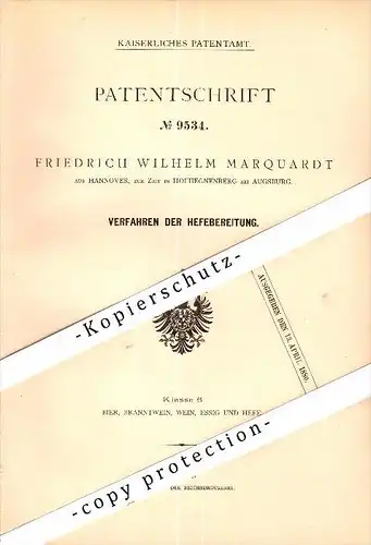 Original Patent - F. Marquardt in Hofhegnenberg b. Augsburg ,1879, Hefebereitung , Brauerei , Bier , Steindorf , Schloss