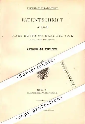 Original Patent - Hans Horns und H. Sick in Stellingen b. Hamburg , 1879 , Trittleiter , Haushalt , Pinneberg !!!