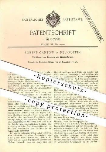original Patent - Robert Cantow in Neuruppin , 1889 , Drucken von Wasserfarben , Farben , Druck , Druckerei , Buchdruck