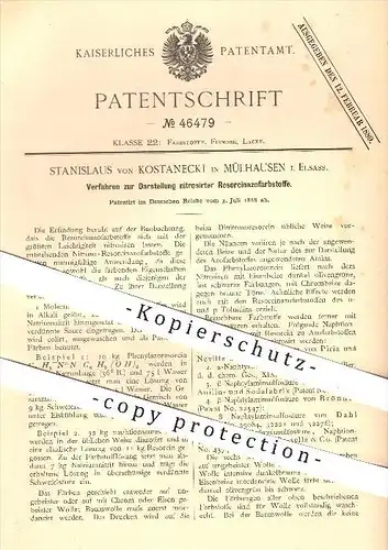 original Patent - St. von Kostanecki in Mülhausen / Mulhouse , 1888 , Darstellung nitrosierter Resorcinazo - Farbstoffe