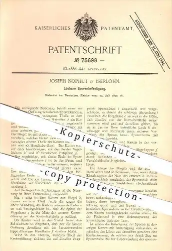 original Patent - Joseph Nophut in Iserlohn , 1893 , Lösbare Sporenbefestigung , Sporenkasten , Dorn , Riegel , Nieten !