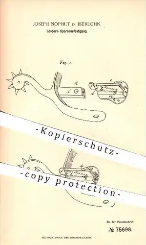 original Patent - Joseph Nophut in Iserlohn , 1893 , Lösbare Sporenbefestigung , Sporenkasten , Dorn , Riegel , Nieten !