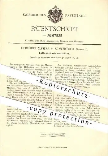 original Patent - Gebrüder Masera in Winterthur , Schweiz , 1892 , Latten - Schneidemaschine , Holz , Tischler , Säge !!