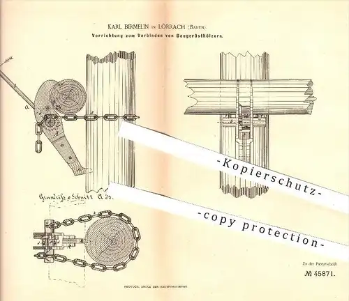 original Patent - Karl Birmelin in Lörrach , 1888 , Verbinden von Baugerüsthölzern , Gerüstbau , Gerüstbauer , Hochbau !