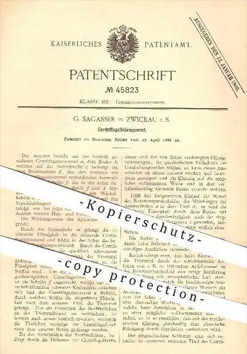 original Patent - G. Sagasser in Zwickau in Sachsen , 1888 , Zentrifugalklärapparat , Zentrifuge , Zentrifugalkraft !!!