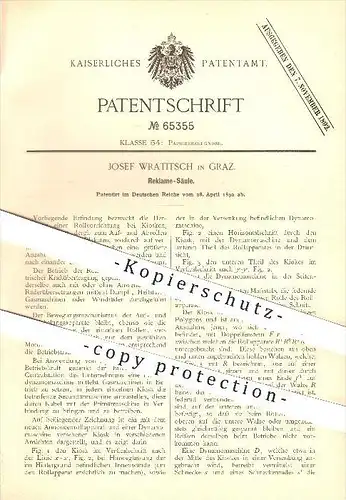 original Patent - Josef Wratitsch in Graz , 1892 , Reklame - Säule , Litfaßsäule , Werbung , Plakatierung , Plakate !!!