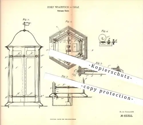 original Patent - Josef Wratitsch in Graz , 1892 , Reklame - Säule , Litfaßsäule , Werbung , Plakatierung , Plakate !!!