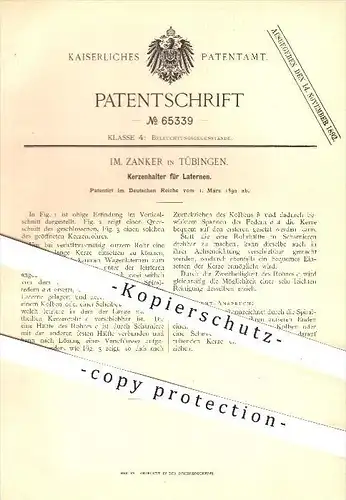 original Patent - Im. Zanker in Tübingen , 1892 , Kerzenhalter für Laternen , Kerzen , Laterne , Licht , Beleuchtung !!