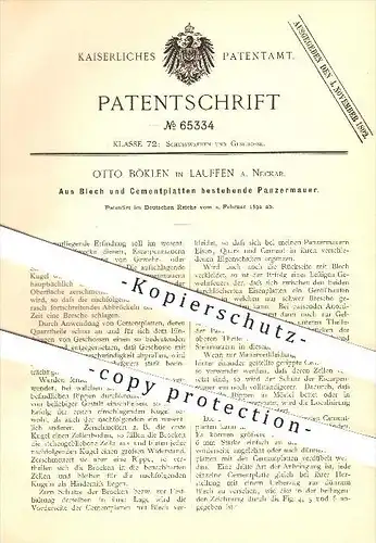 original Patent - Otto Böklen in Lauffen am Neckar , 1892 , Panzermauer aus Zement u. Blech , Waffen , Geschosse !!!