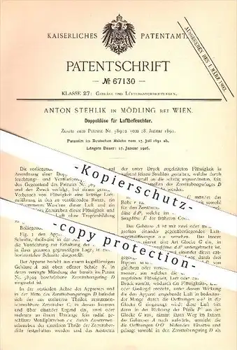 original Patent - Anton Stehlik in Mödling bei Wien , 1891 , Doppeldüse für Luftbefeuchter , Gebläse , Düse !!!