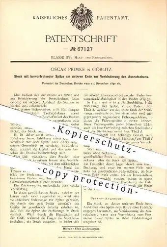 original Patent - Oscar Primke in Görlitz , 1890 , Stock mit Spitze , Spazierstock , Krückstock , Stütze , Stützen !!!