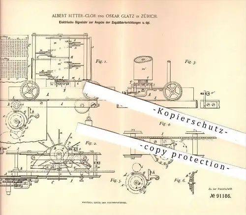 original Patent - Albert Ritter-Clor und Oskar Glatz in Zürich , 1896 , Elektrische Signaluhr , Uhr , Signal , Eisenbahn