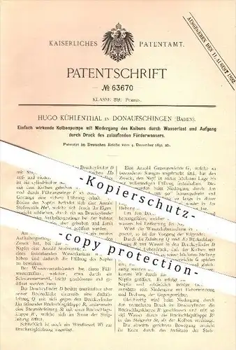 original Patent - Hugo Kühlenthal in Donaueschingen , 1891 , Kolben - Pumpe , Pumpen , Wasser , Wasserdruck !!!