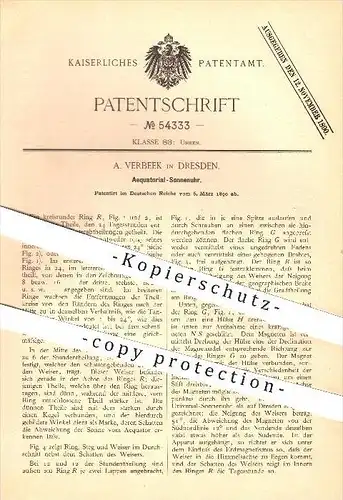 original Patent - A. Verbeek , Dresden , 1890, Äquatorial - Sonnenuhr , Äquator , Sonne , Uhr , Erdmagnet , Zeit , 24 !!