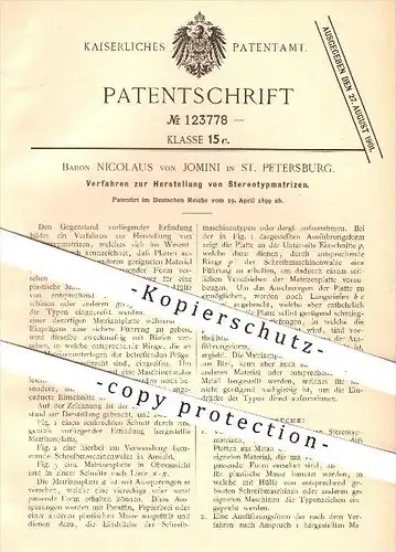 original Patent - Baron Nicolaus von Jomini , St. Petersburg , 1899 , Stereotypmatrizen , Schreibmaschine , Russland !!!