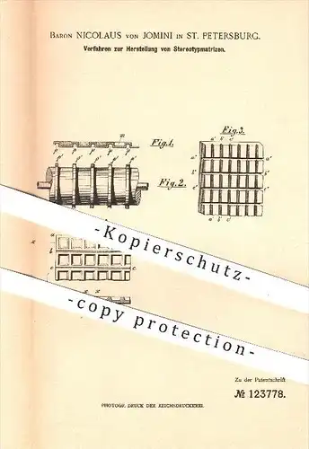 original Patent - Baron Nicolaus von Jomini , St. Petersburg , 1899 , Stereotypmatrizen , Schreibmaschine , Russland !!!