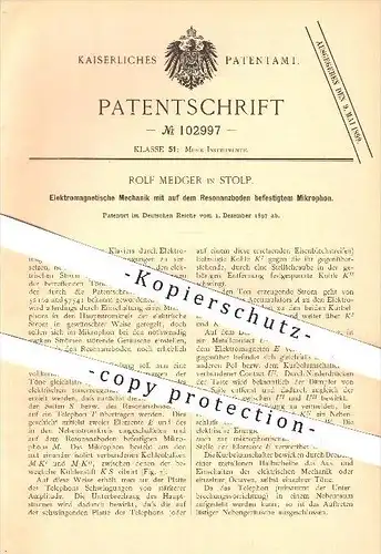 original Patent - Rolf Medger in Stolp , 1897 , Elektromagnetische Mechanik mit befestigtem Mikrophon , Klavier , Musik