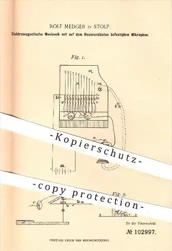 original Patent - Rolf Medger in Stolp , 1897 , Elektromagnetische Mechanik mit befestigtem Mikrophon , Klavier , Musik