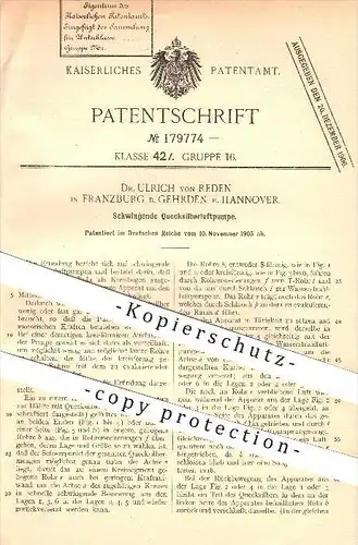 original Patent - Dr. Ulrich von Reden , Franzburg , Gehrden , Hannover , 1905 , Quecksilber - Luftpumpe , Pumpe , Luft