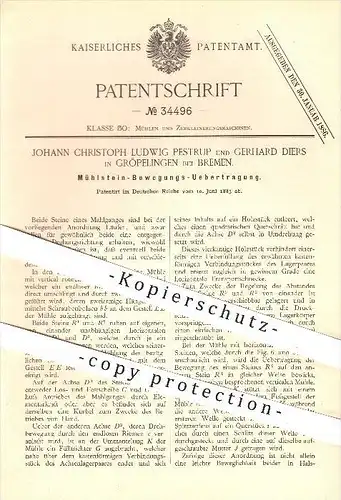 original Patent - Johann C. L. Pestrup & Gerhard Diers , Gröpelingen bei Bremen , 1885 , Bewegung vom Mühlstein , Mühlen