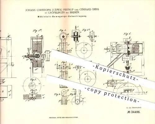 original Patent - Johann C. L. Pestrup & Gerhard Diers , Gröpelingen bei Bremen , 1885 , Bewegung vom Mühlstein , Mühlen