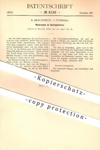 original Patent - E. Braundbeck in Hamburg , 1878 , Gasregulator , Gas , Regulator , Regulatoren , Licht , Beleuchtung